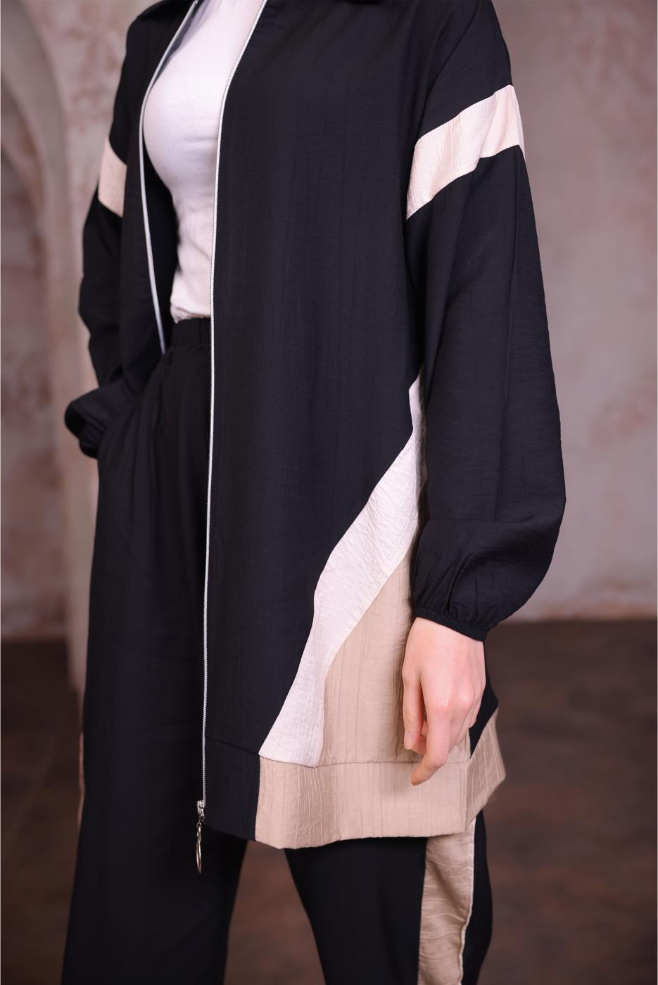 Tesettür giyim SİYAH ŞERİT DETAYLI PANTOLONLU TAKIM T 2984