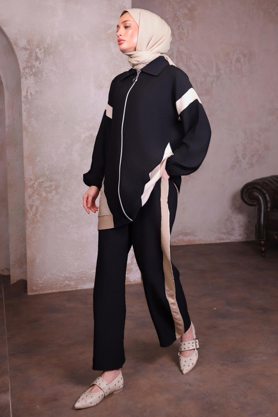 Tesettür giyim SİYAH ŞERİT DETAYLI PANTOLONLU TAKIM T 2984