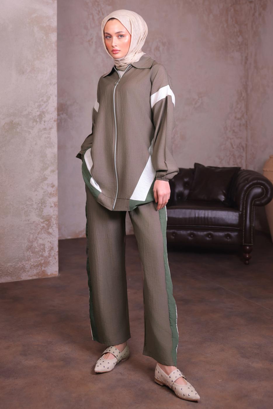 Tesettür giyim VİZON ŞERİT DETAYLI PANTOLONLU TAKIM T 2984