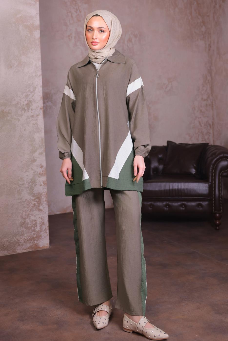 Tesettür giyim VİZON ŞERİT DETAYLI PANTOLONLU TAKIM T 2984