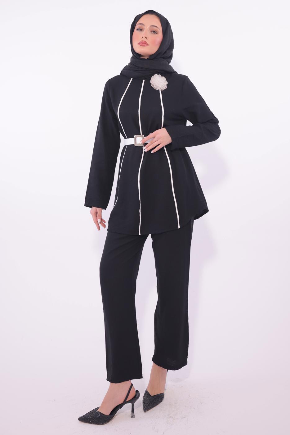 Tesettür giyim SİYAH KEMERLİ PANTOLONLU TAKIM T 3084