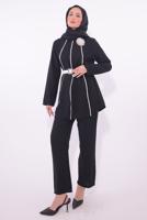 Tesettür giyim SİYAH KEMERLİ PANTOLONLU TAKIM T 3084