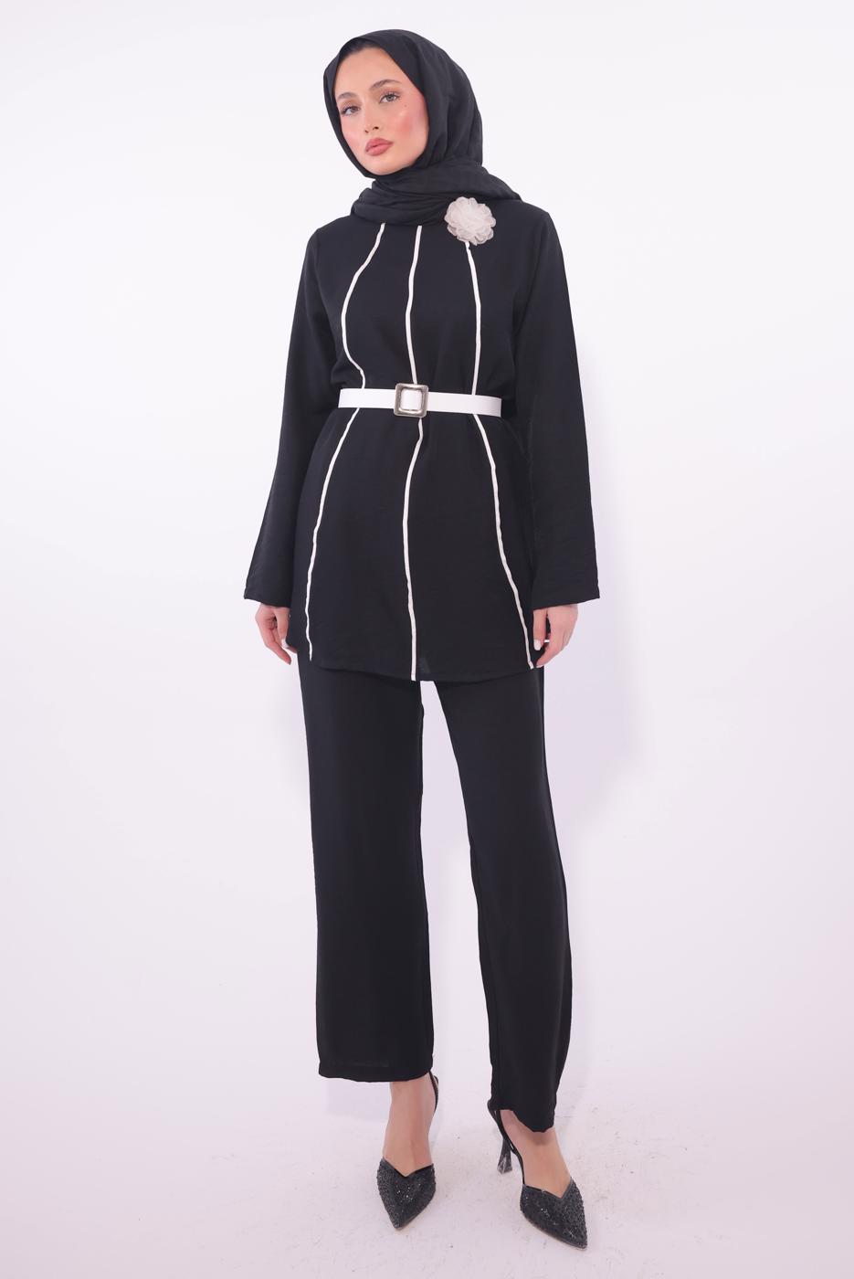Tesettür giyim SİYAH KEMERLİ PANTOLONLU TAKIM T 3084