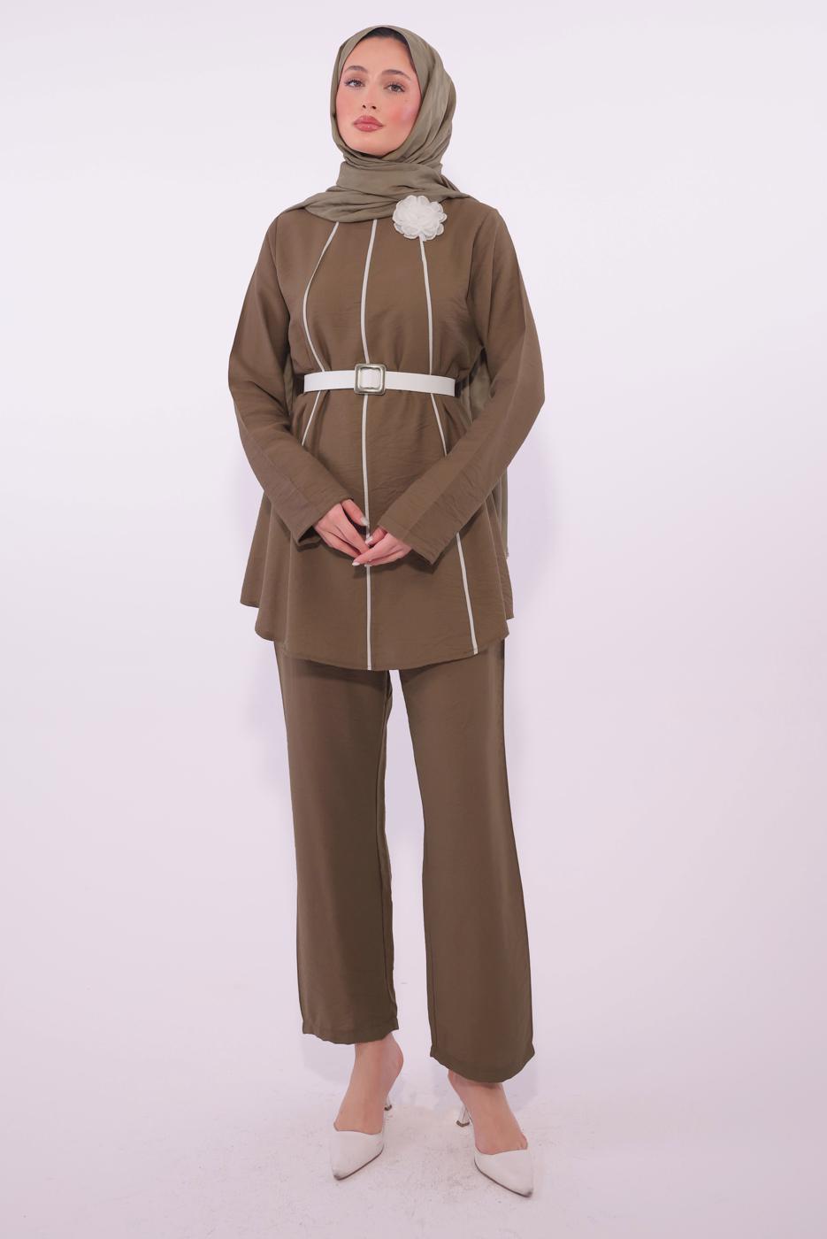 Tesettür giyim KAHVE KEMERLİ PANTOLONLU TAKIM T 3084
