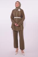 Tesettür giyim KAHVE KEMERLİ PANTOLONLU TAKIM T 3084