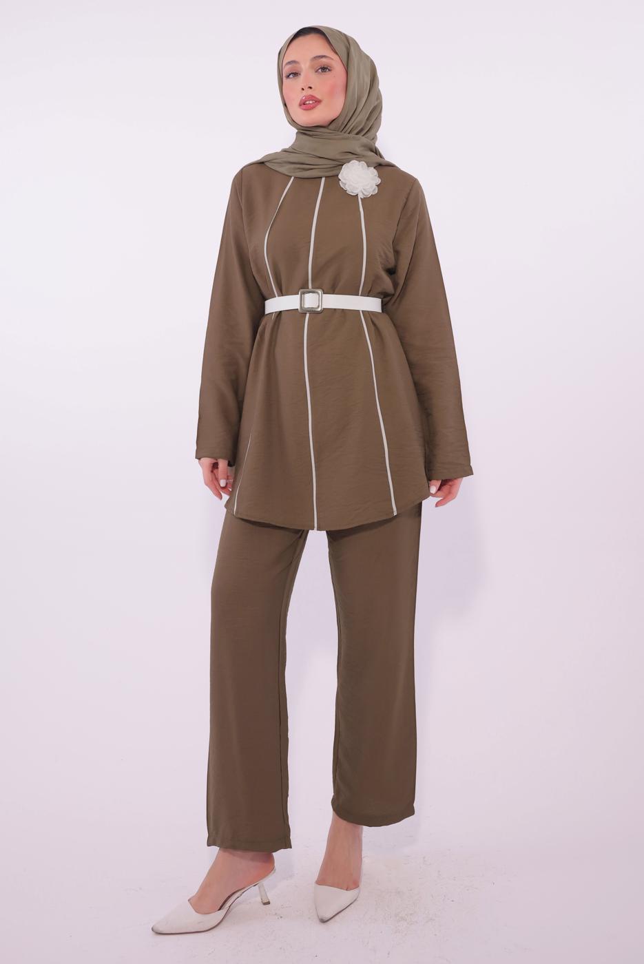 Tesettür giyim KAHVE KEMERLİ PANTOLONLU TAKIM T 3084