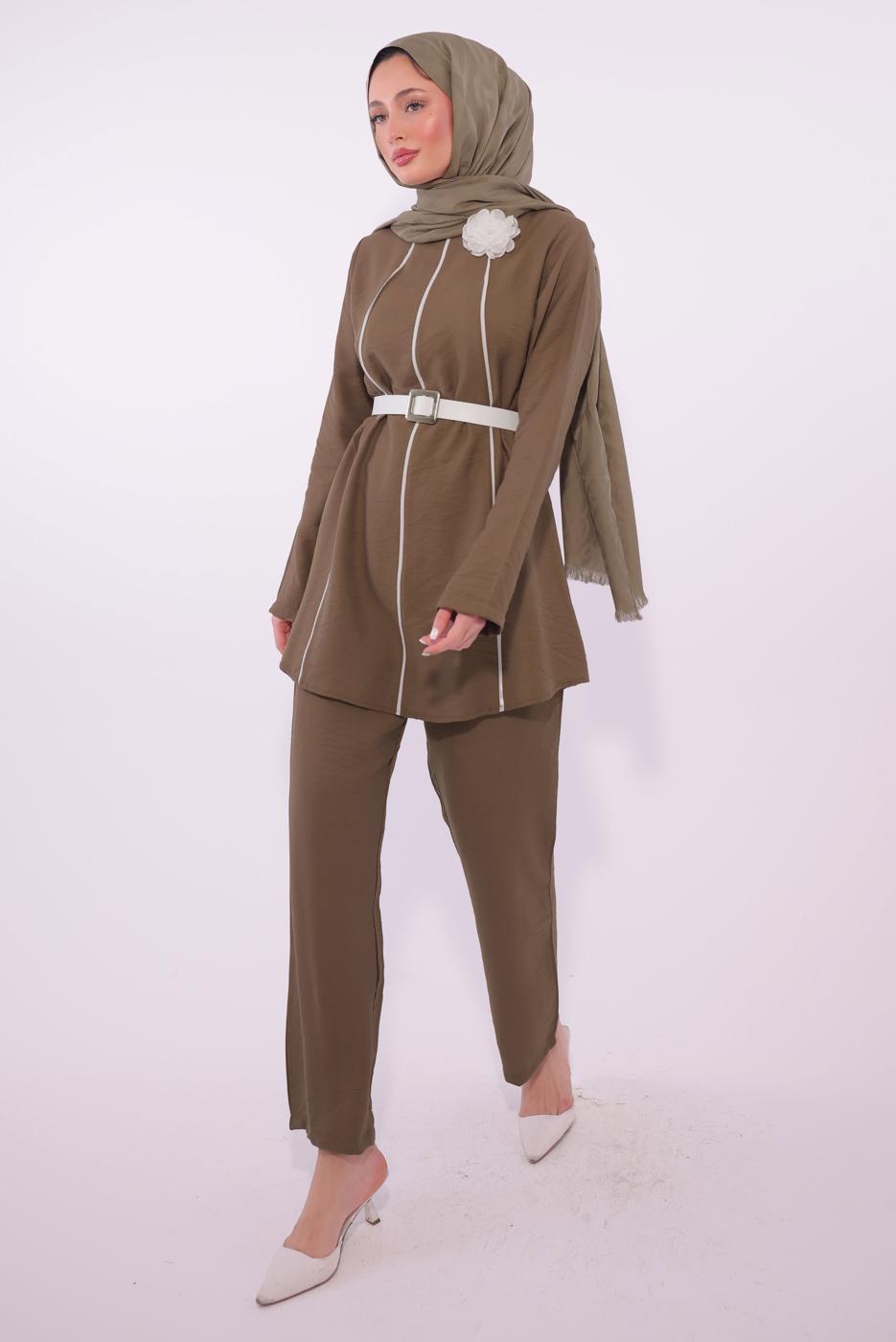 Tesettür giyim KAHVE KEMERLİ PANTOLONLU TAKIM T 3084