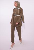 Tesettür giyim KAHVE KEMERLİ PANTOLONLU TAKIM T 3084