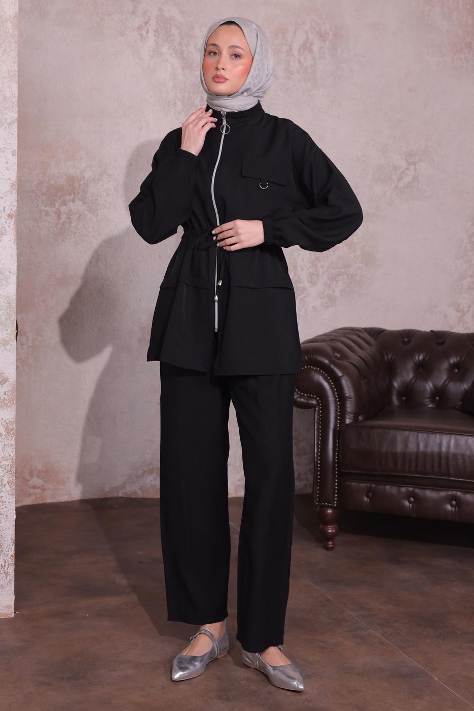 Tesettür giyim SİYAH BELİ BÜZGÜLÜ PANTOLONLU TAKIM T 3374