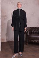 Tesettür giyim SİYAH BELİ BÜZGÜLÜ PANTOLONLU TAKIM T 3374