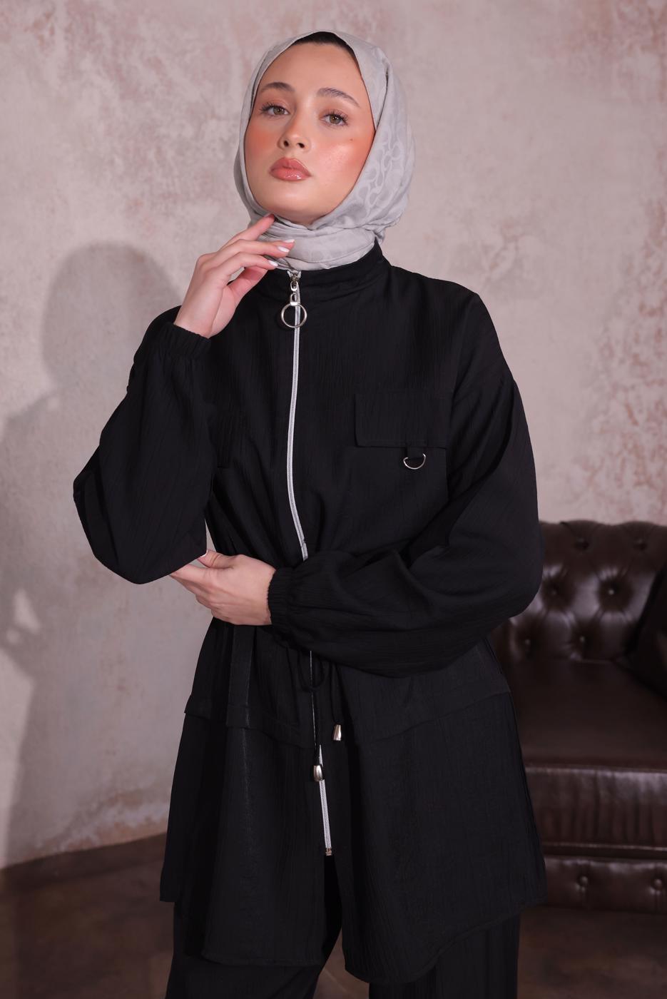 Tesettür giyim SİYAH BELİ BÜZGÜLÜ PANTOLONLU TAKIM T 3374