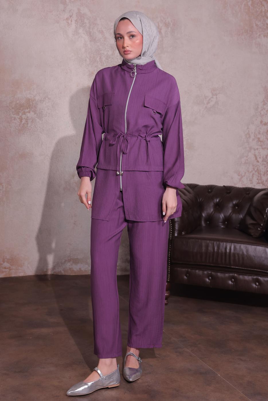 Tesettür giyim MOR BELİ BÜZGÜLÜ PANTOLONLU TAKIM T 3374