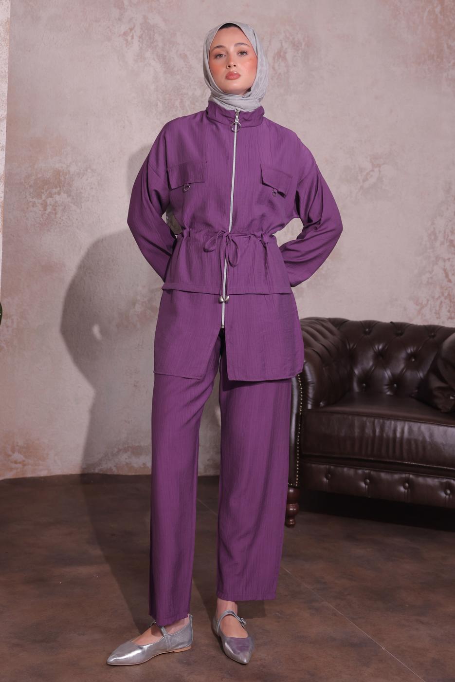 Tesettür giyim MOR BELİ BÜZGÜLÜ PANTOLONLU TAKIM T 3374