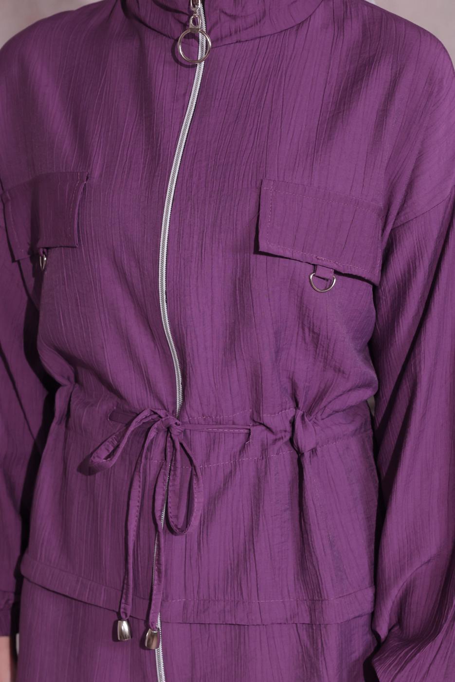 Tesettür giyim MOR BELİ BÜZGÜLÜ PANTOLONLU TAKIM T 3374