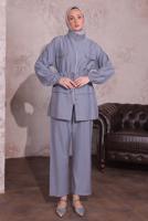 Tesettür giyim GRİ BELİ BÜZGÜLÜ PANTOLONLU TAKIM T 3374