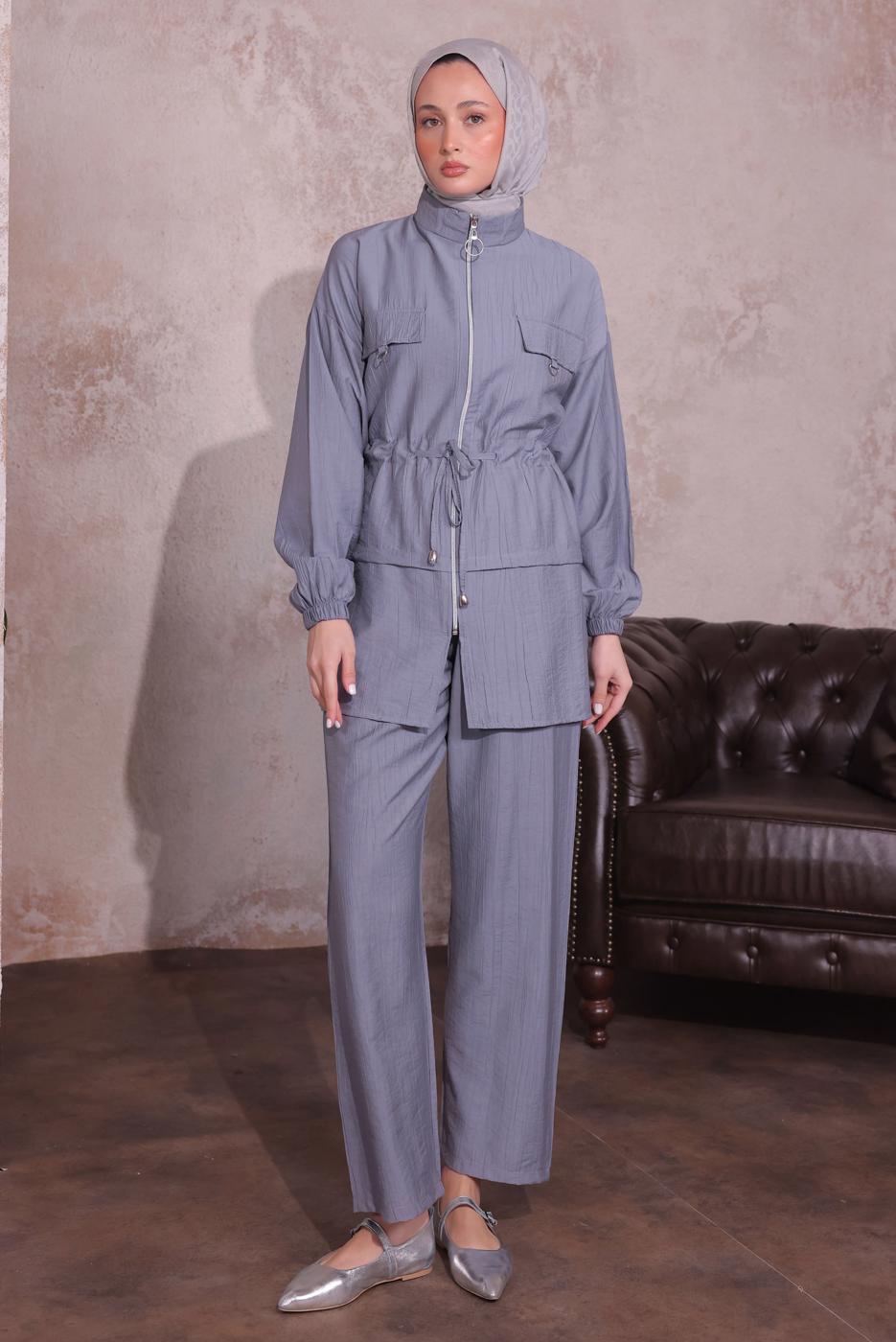 Tesettür giyim GRİ BELİ BÜZGÜLÜ PANTOLONLU TAKIM T 3374
