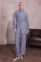 Tesettür giyim GRİ BELİ BÜZGÜLÜ PANTOLONLU TAKIM T 3374