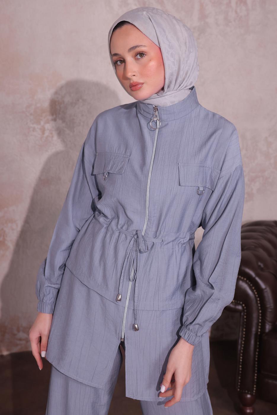 Tesettür giyim GRİ BELİ BÜZGÜLÜ PANTOLONLU TAKIM T 3374
