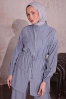 Tesettür giyim GRİ BELİ BÜZGÜLÜ PANTOLONLU TAKIM T 3374