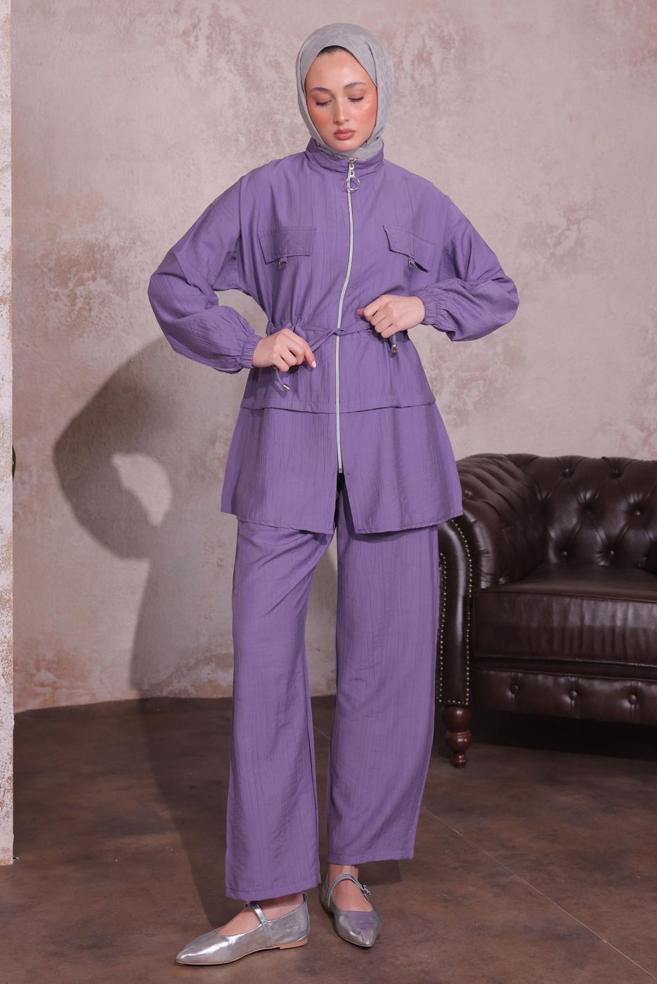 Tesettür giyim MOR BELİ BÜZGÜLÜ PANTOLONLU TAKIM T 3374