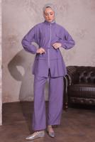 Tesettür giyim MOR BELİ BÜZGÜLÜ PANTOLONLU TAKIM T 3374