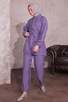 Tesettür giyim MOR BELİ BÜZGÜLÜ PANTOLONLU TAKIM T 3374