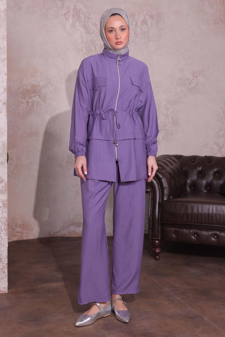 Tesettür giyim MOR BELİ BÜZGÜLÜ PANTOLONLU TAKIM T 3374