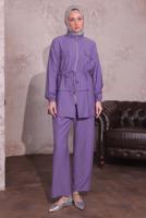 Tesettür giyim MOR BELİ BÜZGÜLÜ PANTOLONLU TAKIM T 3374