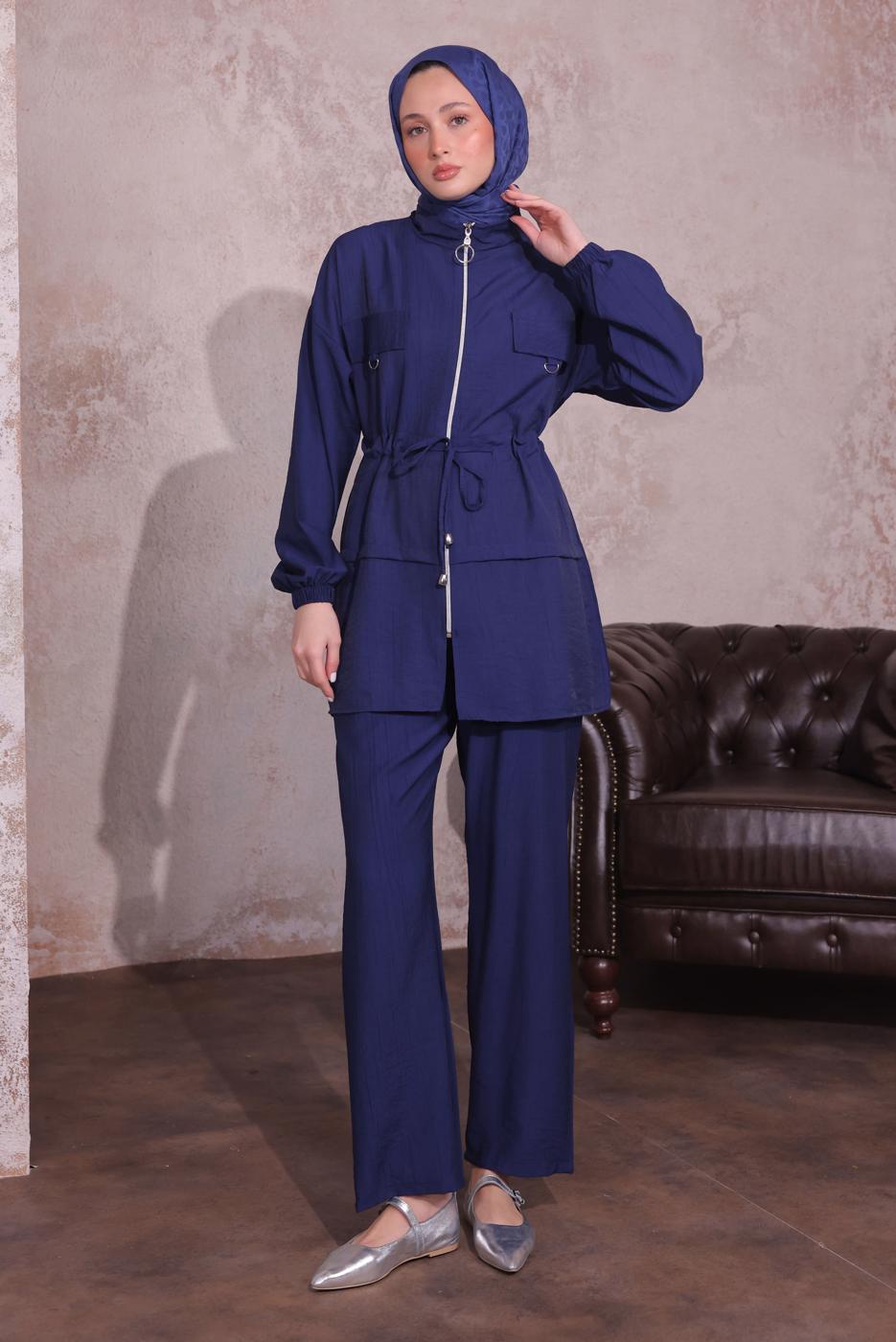 Tesettür giyim LACİVERT BELİ BÜZGÜLÜ PANTOLONLU TAKIM T 3374