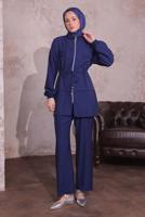 Tesettür giyim LACİVERT BELİ BÜZGÜLÜ PANTOLONLU TAKIM T 3374