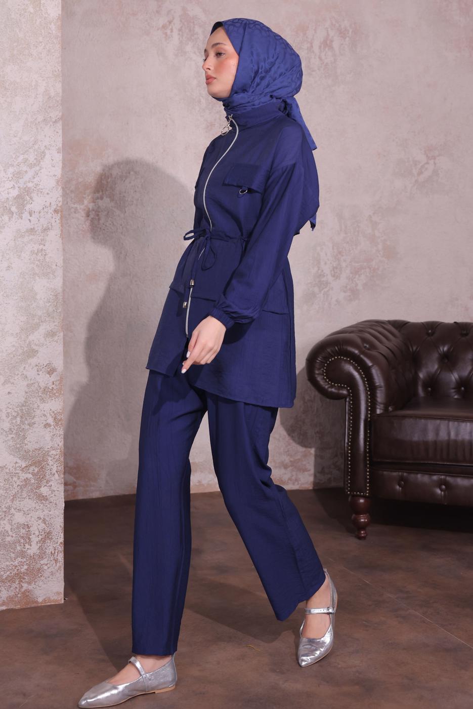 Tesettür giyim LACİVERT BELİ BÜZGÜLÜ PANTOLONLU TAKIM T 3374