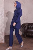Tesettür giyim LACİVERT BELİ BÜZGÜLÜ PANTOLONLU TAKIM T 3374