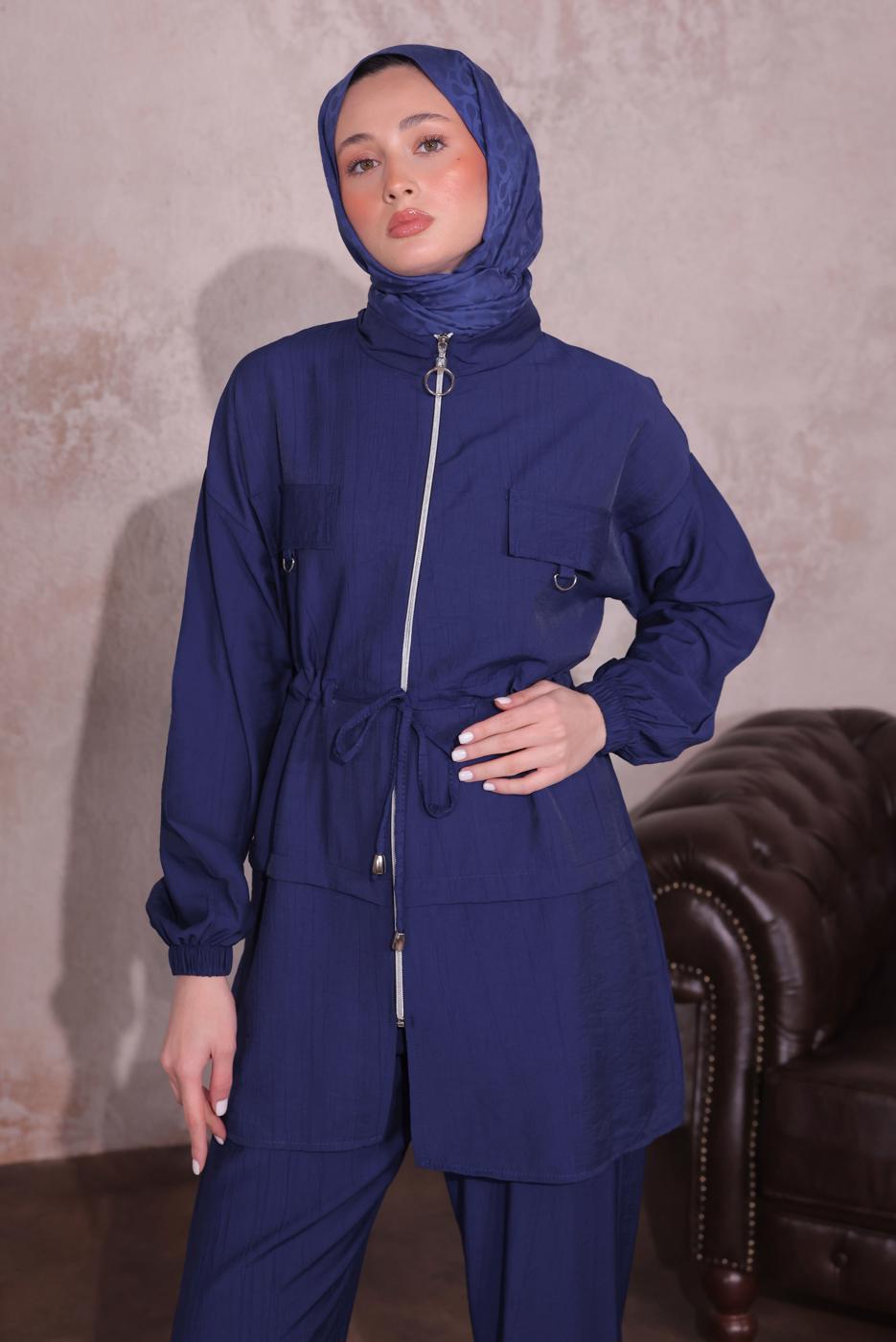 Tesettür giyim LACİVERT BELİ BÜZGÜLÜ PANTOLONLU TAKIM T 3374