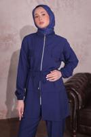 Tesettür giyim LACİVERT BELİ BÜZGÜLÜ PANTOLONLU TAKIM T 3374