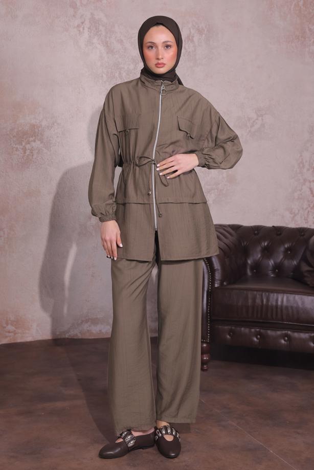 Tesettür giyim  BELİ BÜZGÜLÜ PANTOLONLU TAKIM T 3374 - TRENDTESETTÜR