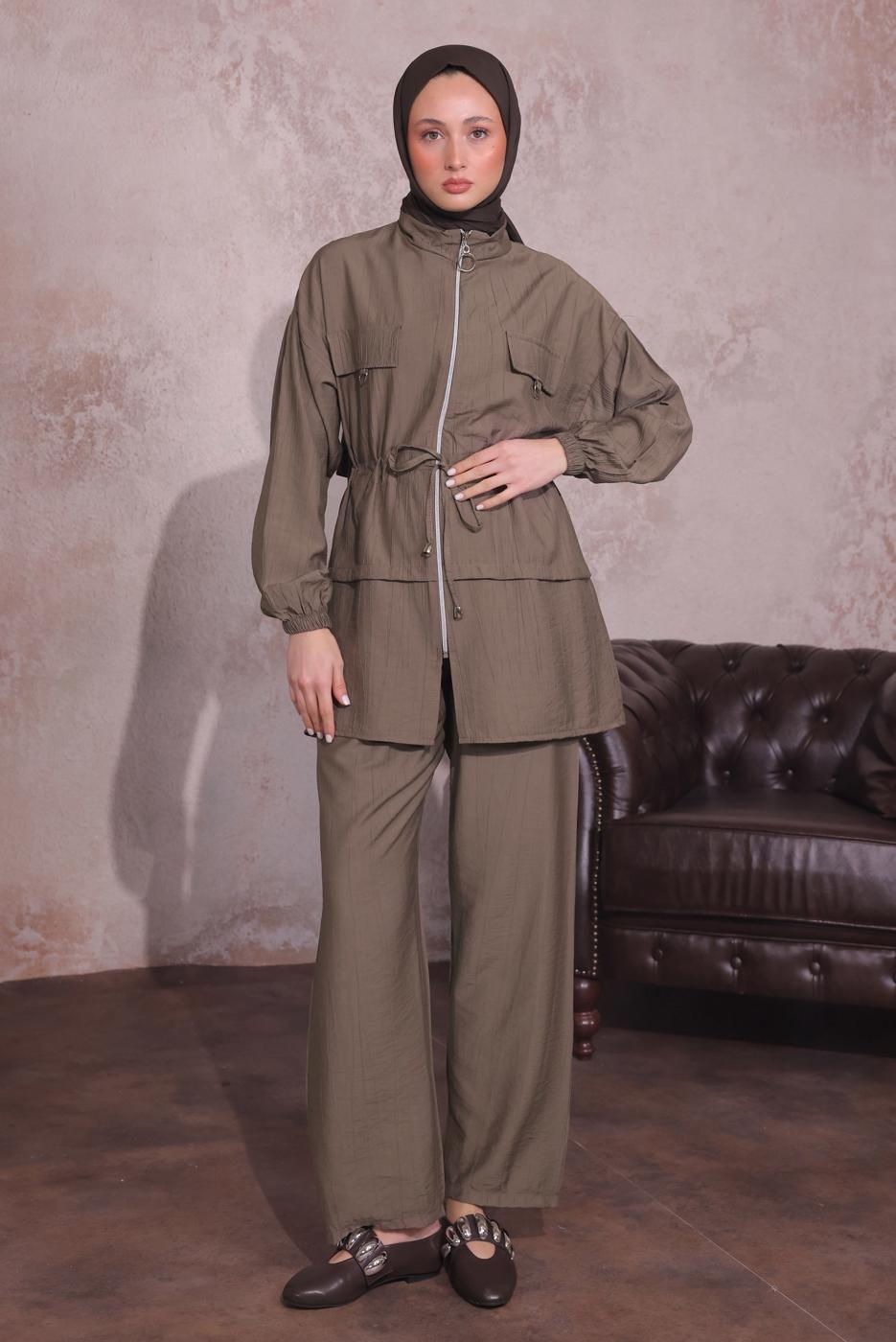 Tesettür giyim VİZON BELİ BÜZGÜLÜ PANTOLONLU TAKIM T 3374