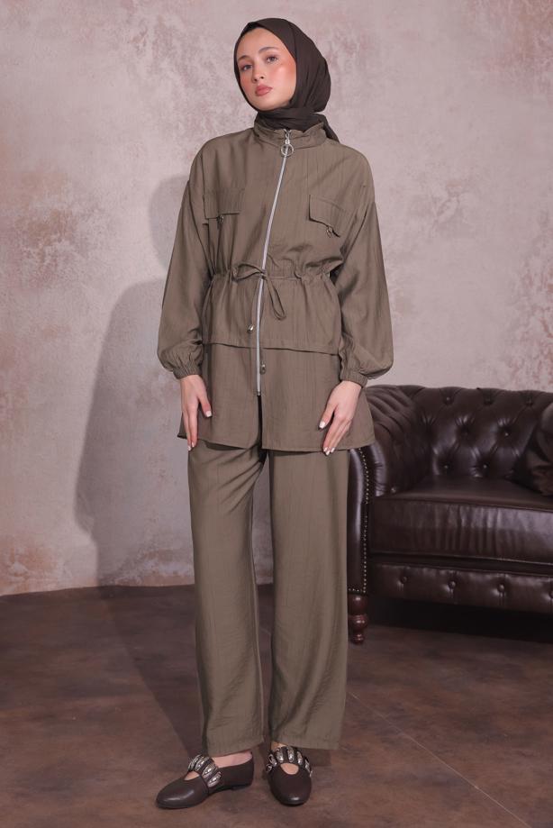 Tesettür giyim  BELİ BÜZGÜLÜ PANTOLONLU TAKIM T 3374 - TRENDTESETTÜR