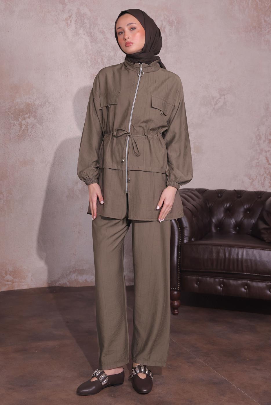 Tesettür giyim VİZON BELİ BÜZGÜLÜ PANTOLONLU TAKIM T 3374