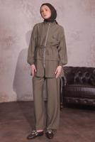 Tesettür giyim VİZON BELİ BÜZGÜLÜ PANTOLONLU TAKIM T 3374