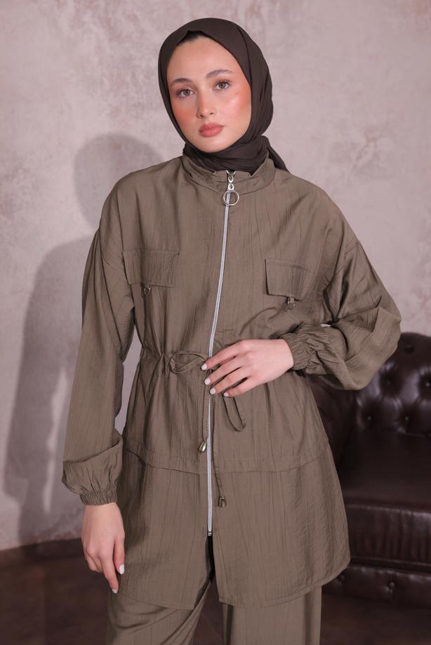 Tesettür giyim  BELİ BÜZGÜLÜ PANTOLONLU TAKIM T 3374 - TRENDTESETTÜR