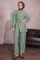 Tesettür giyim YEŞİL BELİ BÜZGÜLÜ PANTOLONLU TAKIM T 3374