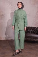 Tesettür giyim YEŞİL BELİ BÜZGÜLÜ PANTOLONLU TAKIM T 3374