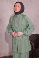 Tesettür giyim YEŞİL BELİ BÜZGÜLÜ PANTOLONLU TAKIM T 3374