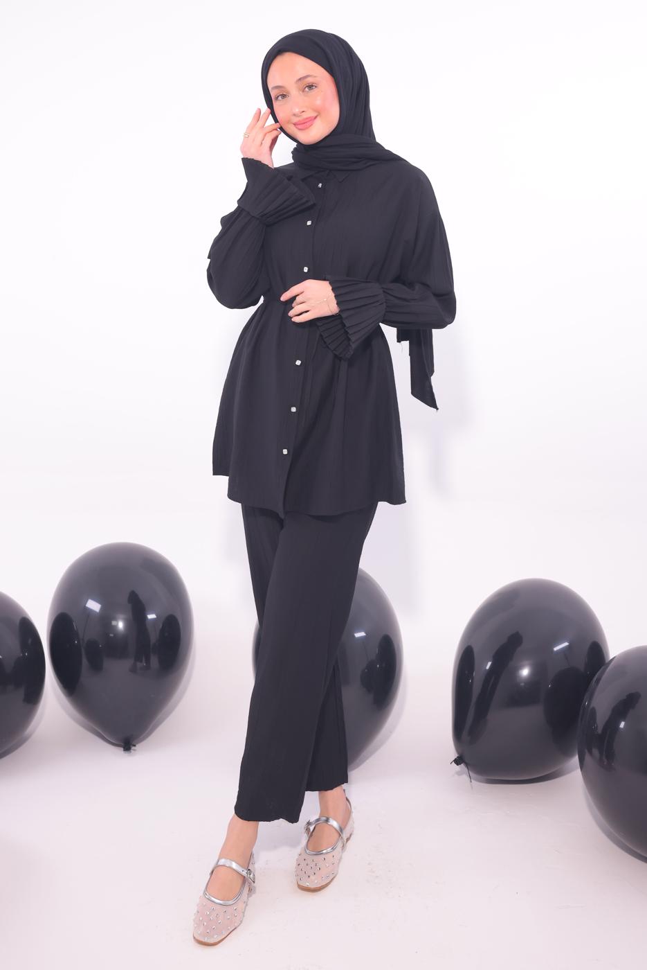 Tesettür giyim SİYAH PİLİSE DETAYLI PANTOLONLU TAKIM T 3474