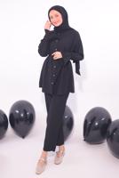 Tesettür giyim SİYAH PİLİSE DETAYLI PANTOLONLU TAKIM T 3474