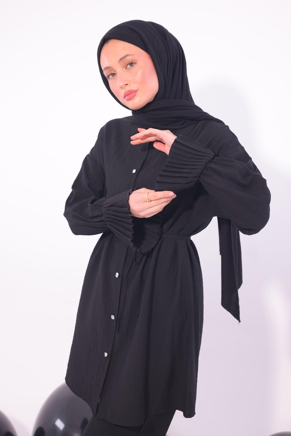 Tesettür giyim SİYAH PİLİSE DETAYLI PANTOLONLU TAKIM T 3474