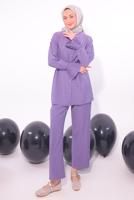 Tesettür giyim MOR PİLİSE DETAYLI PANTOLONLU TAKIM T 3474