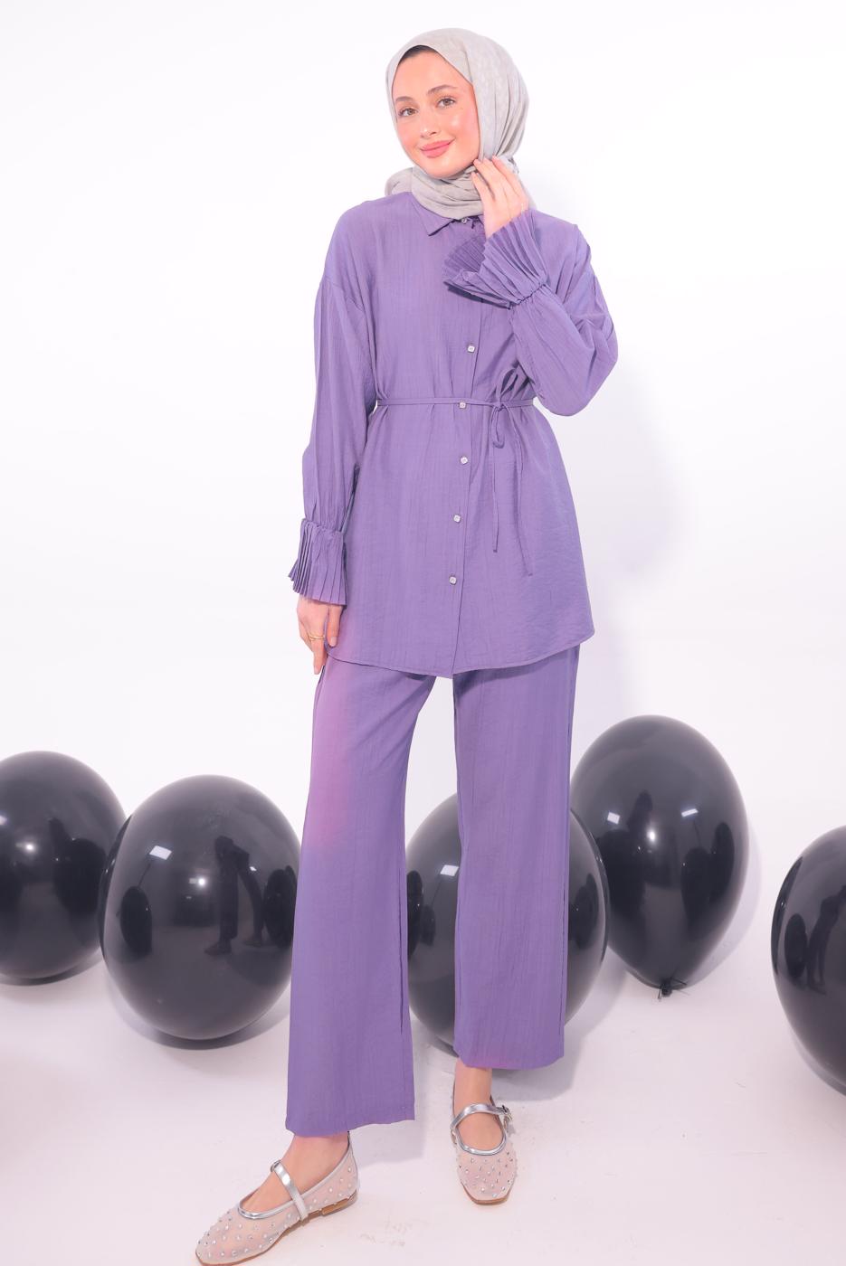 Tesettür giyim MOR PİLİSE DETAYLI PANTOLONLU TAKIM T 3474