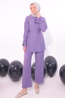 Tesettür giyim MOR PİLİSE DETAYLI PANTOLONLU TAKIM T 3474