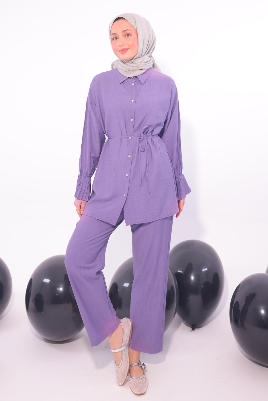 Tesettür giyim MOR PİLİSE DETAYLI PANTOLONLU TAKIM T 3474